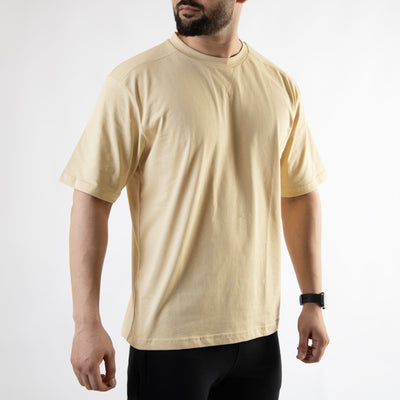 Beige Oversize T-Shirt with V-Notch in Contrast Detailing