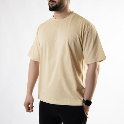 Beige Oversize T-Shirt with V-Notch in Contrast Detailing