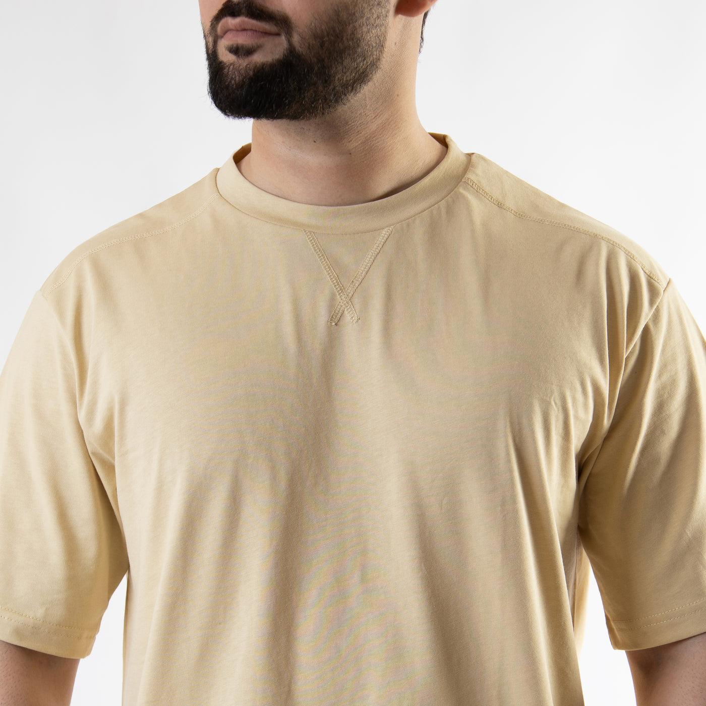 Beige Oversize T-Shirt with V-Notch in Contrast Detailing