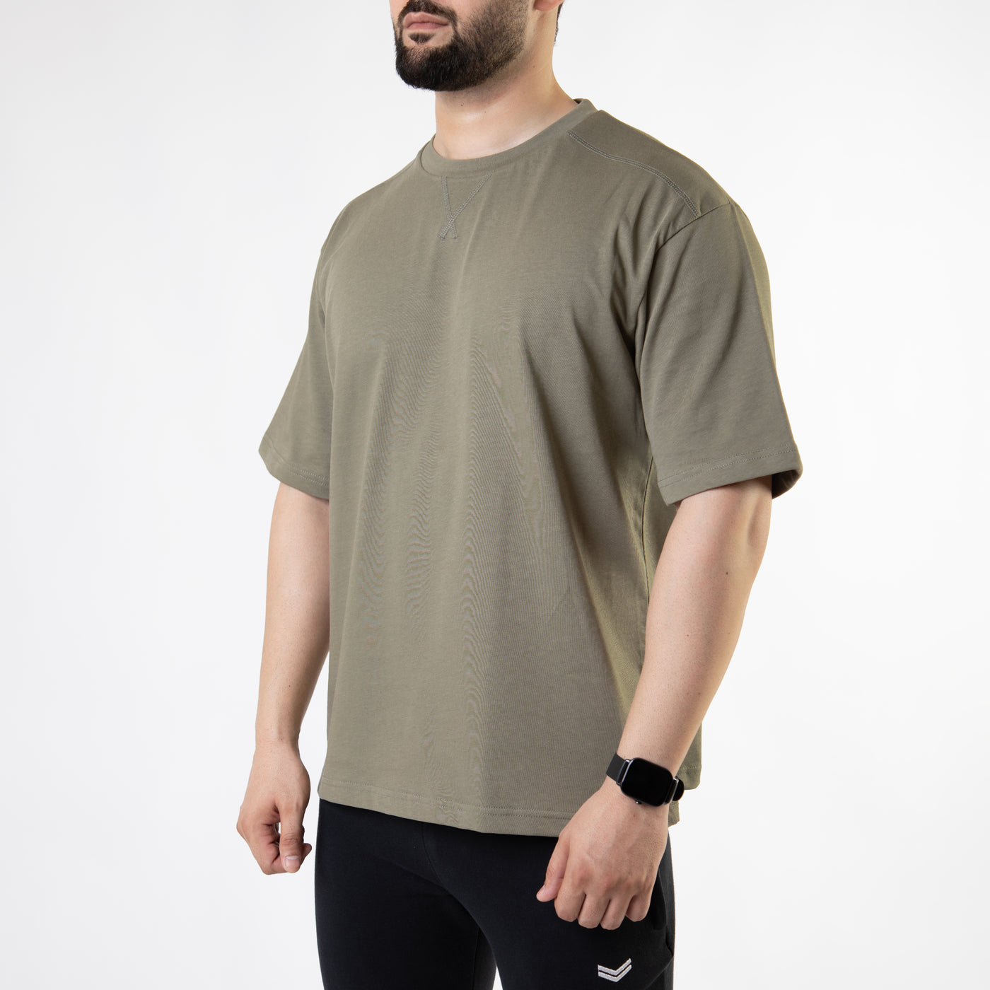 Olive Oversize T-Shirt with V-Notch in Contrast Detailing