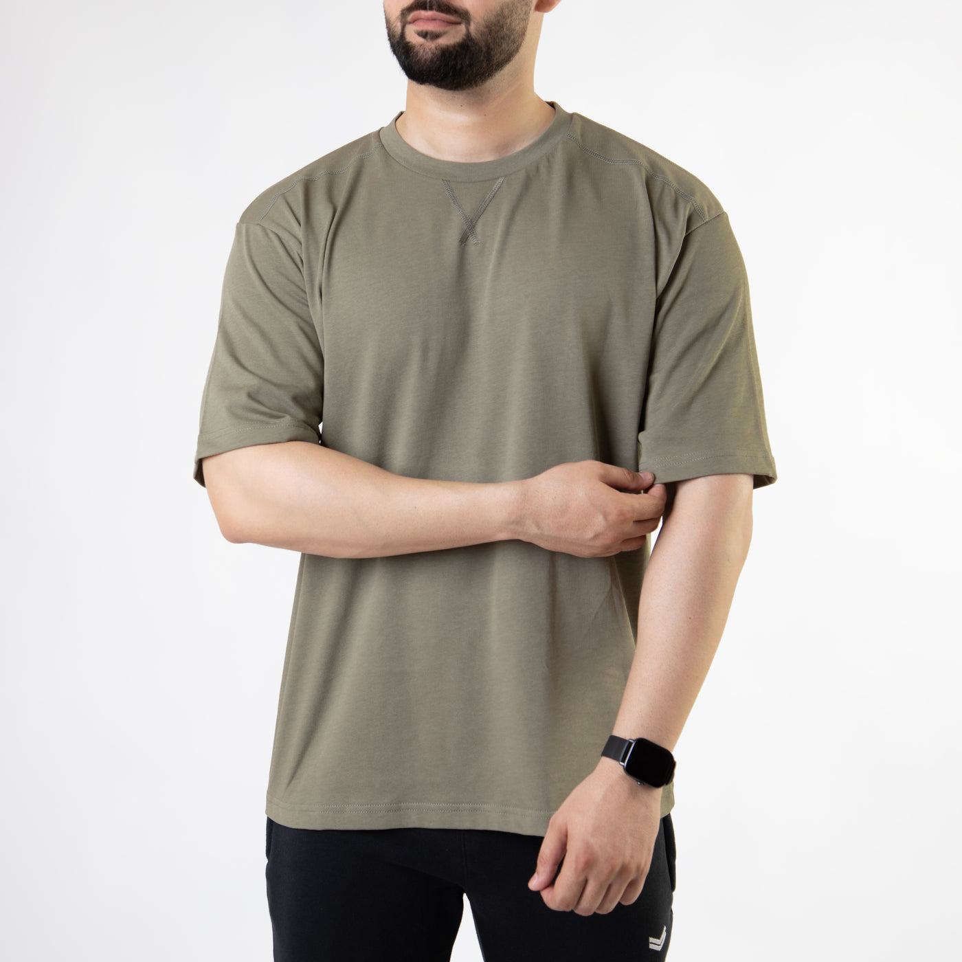 Olive Oversize T-Shirt with V-Notch in Contrast Detailing