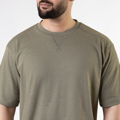 Olive Oversize T-Shirt with V-Notch in Contrast Detailing