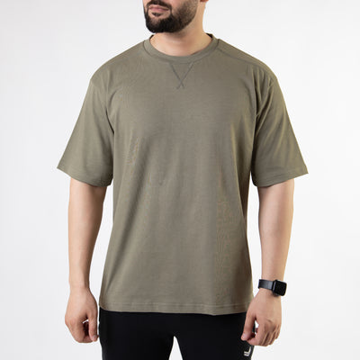 Olive Oversize T-Shirt with V-Notch in Contrast Detailing