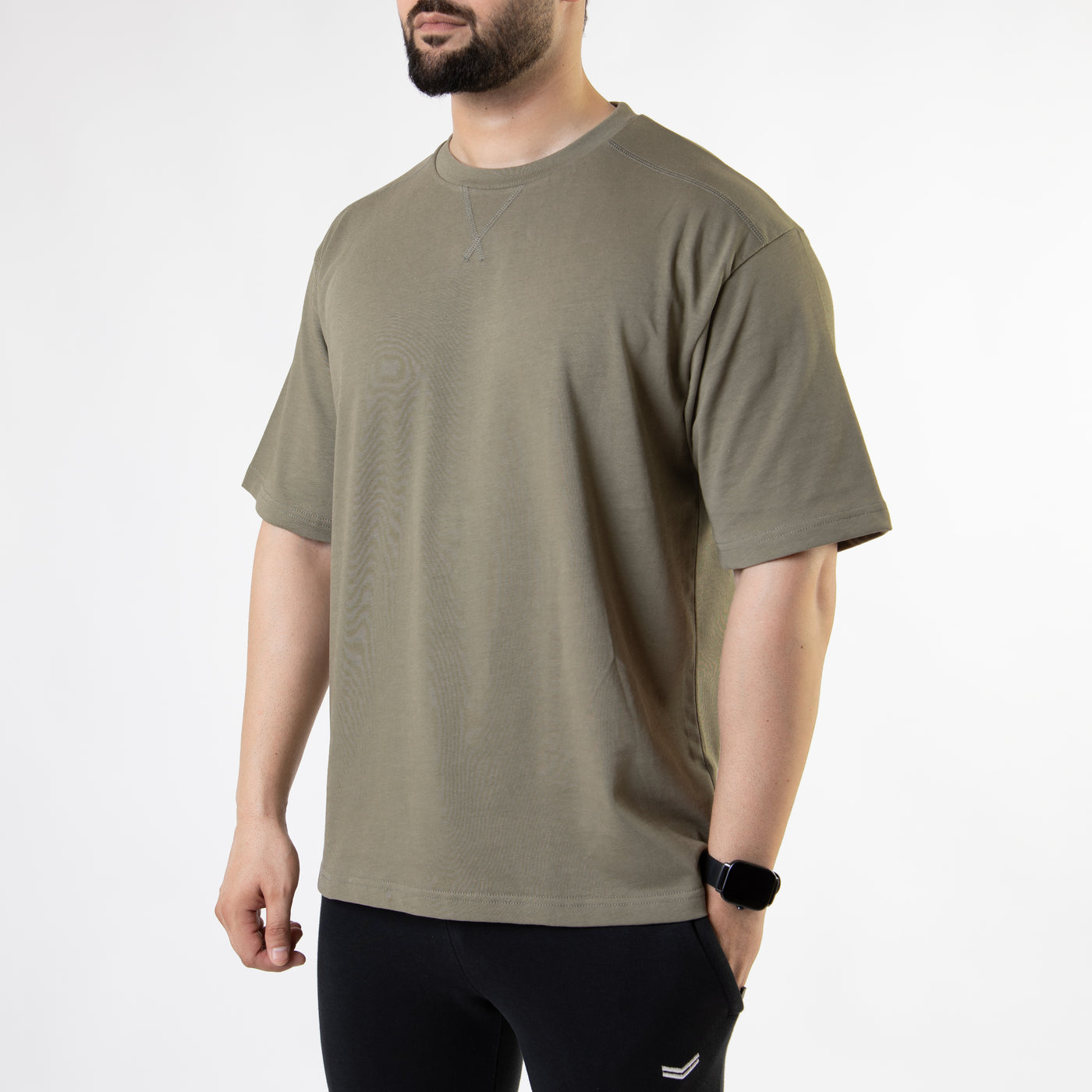 Olive Oversize T-Shirt with V-Notch in Contrast Detailing