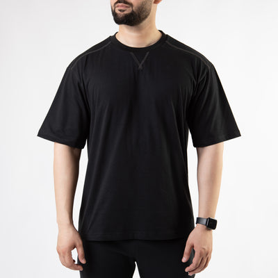 Black Oversize T-Shirt with V-Notch in Contrast Detailing