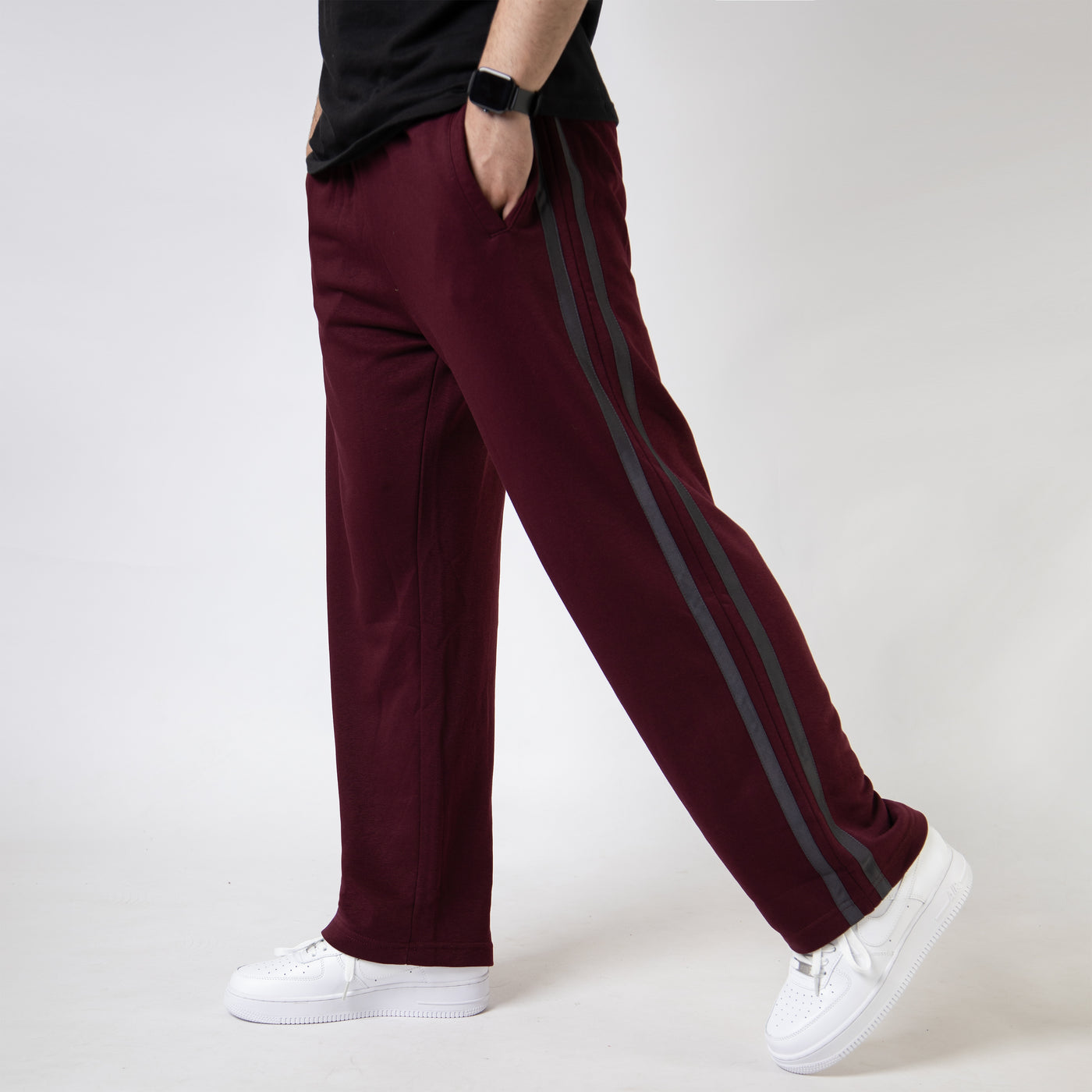 Maroon Wide Leg Trouser with Two Gray Stripes