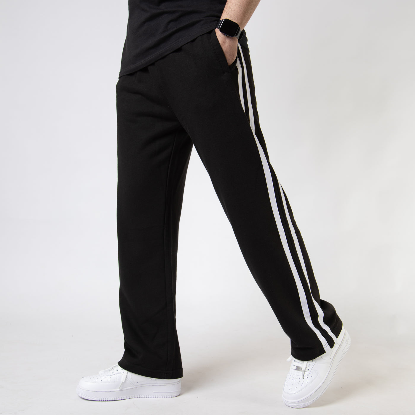 Black Wide Leg Trouser with Two White Stripes