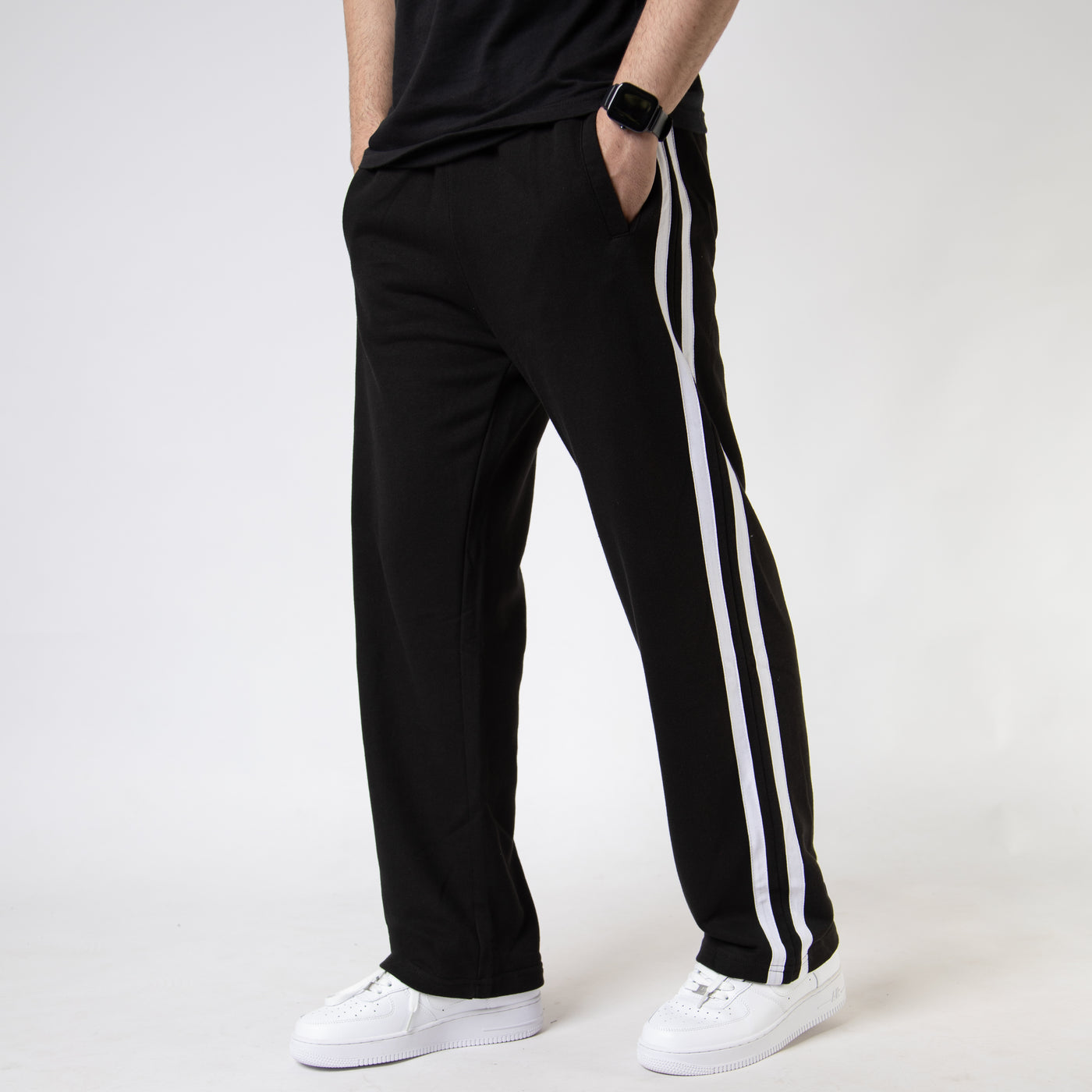 Black Wide Leg Trouser with Two White Stripes Rad Clothing Store