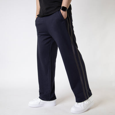 Navy Wide Leg Trouser with Two Gray Stripes