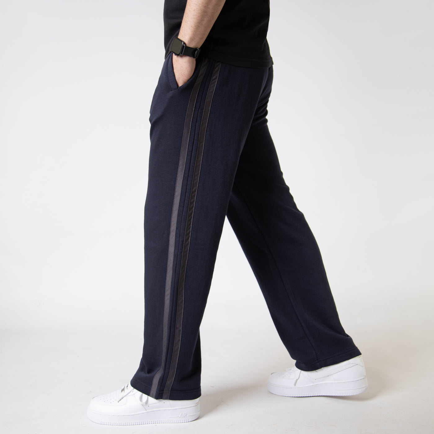 Navy Wide Leg Trouser with Two Gray Stripes