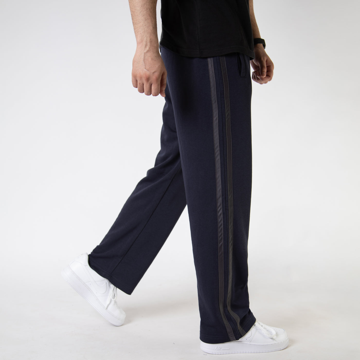 Navy Wide Leg Trouser with Two Gray Stripes