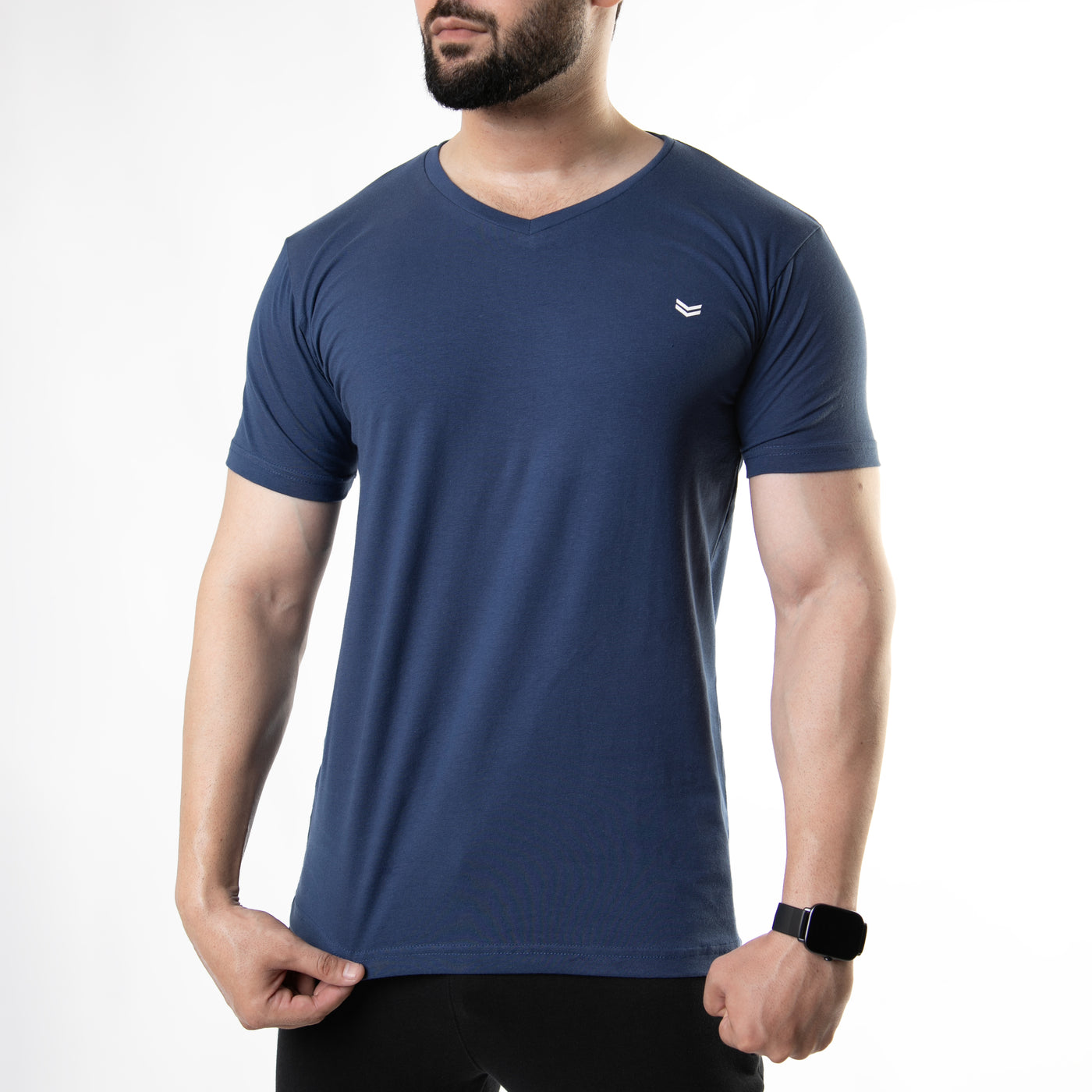 Powder Blue V-Neck Cotton Lycra T-Shirt with 4-Way Stretch