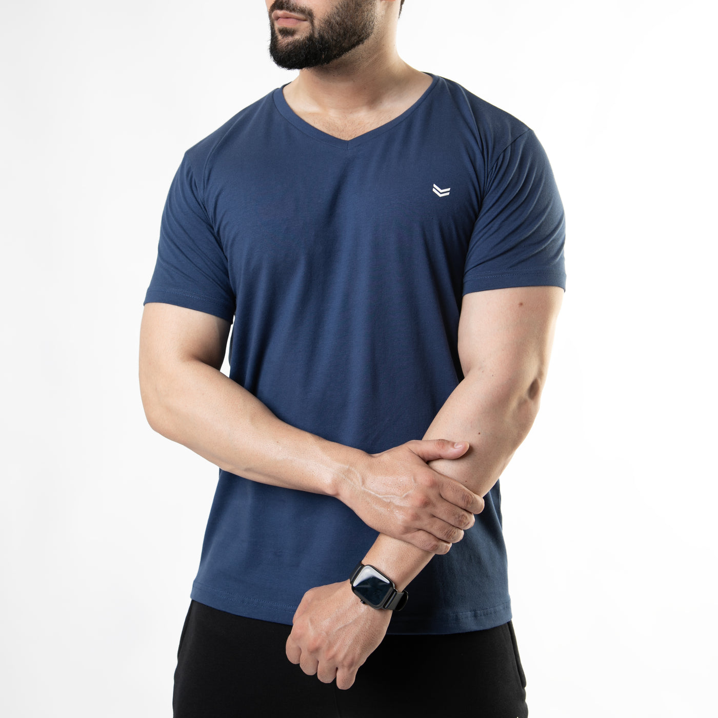 Powder Blue V-Neck Cotton Lycra T-Shirt with 4-Way Stretch