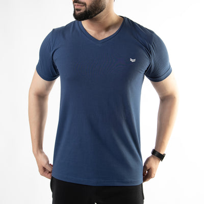 Powder Blue V-Neck Cotton Lycra T-Shirt with 4-Way Stretch