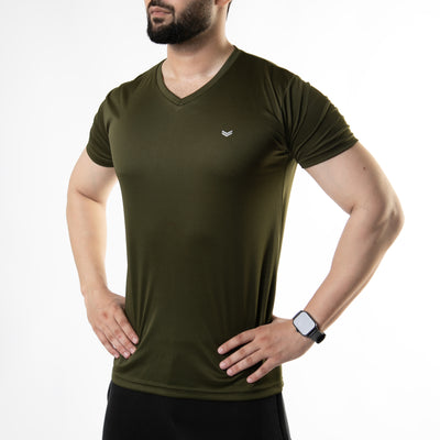 Plain Olive V-Neck Quick Dry T-Shirt