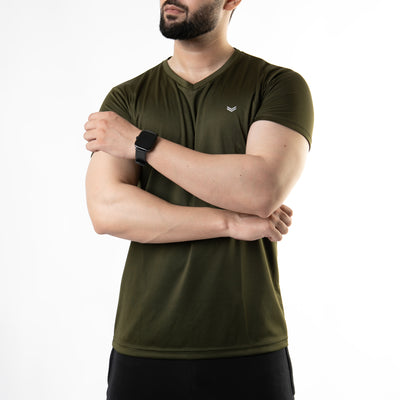 Plain Olive V-Neck Quick Dry T-Shirt