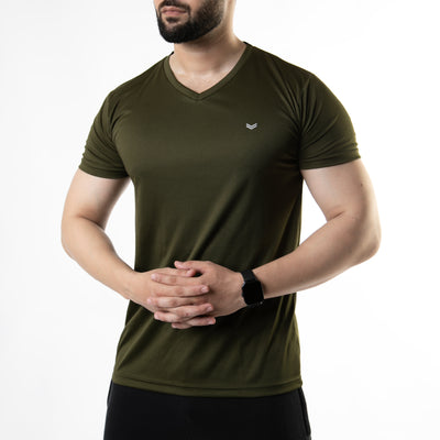 Plain Olive V-Neck Quick Dry T-Shirt