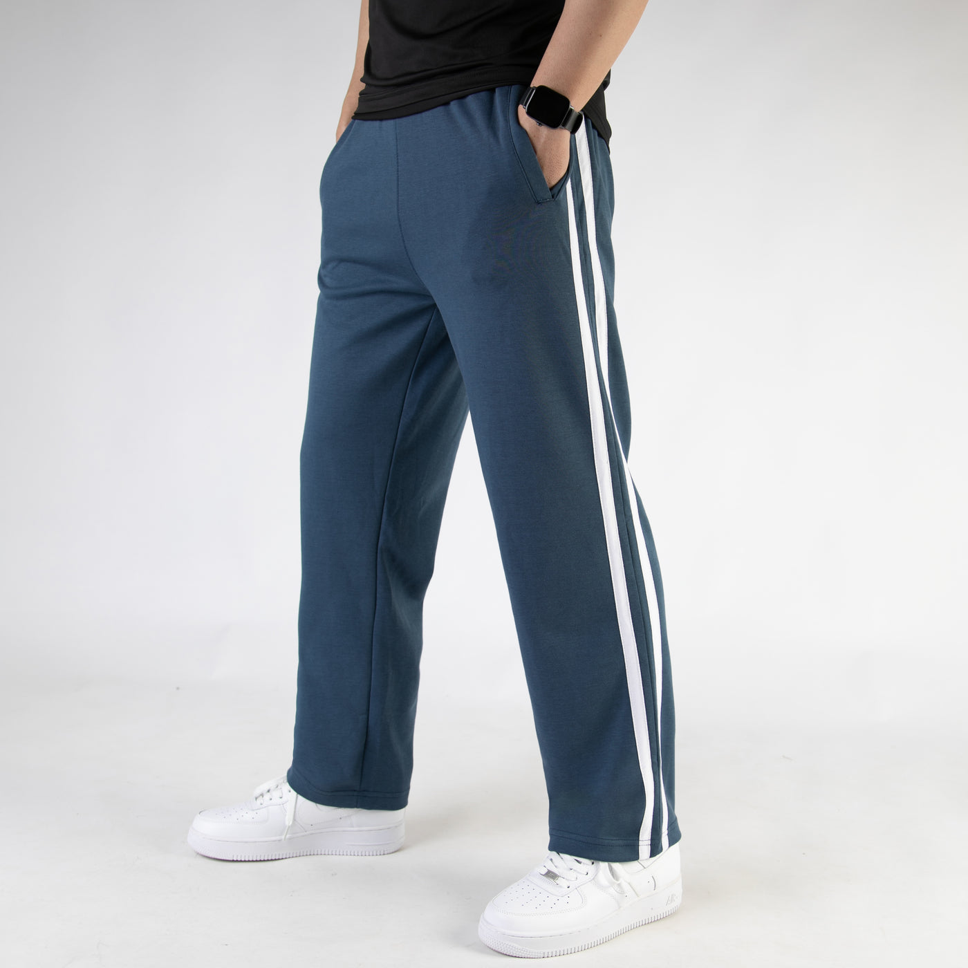 Blue Wide Leg Trouser with Two White Stripes