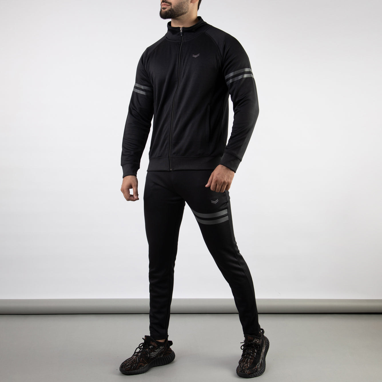 Black Quick Dry Mock-Neck Tracksuit with Gray Printed Stripes