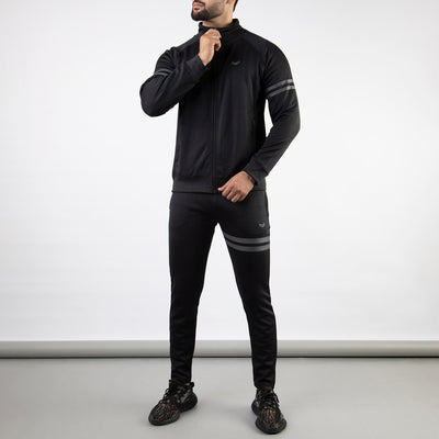 Black Quick Dry Mock-Neck Tracksuit with Gray Printed Stripes