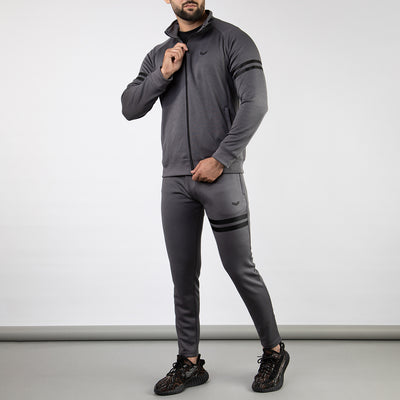 Gray Quick Dry Mock-Neck Tracksuit with Black Printed Stripes
