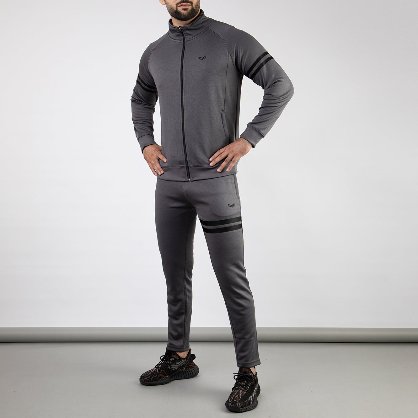Gray Quick Dry Mock-Neck Tracksuit with Black Printed Stripes