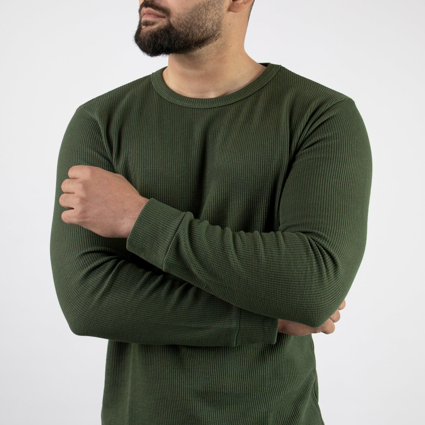 Olive Thermal Full Sleeves Waffle-Knit