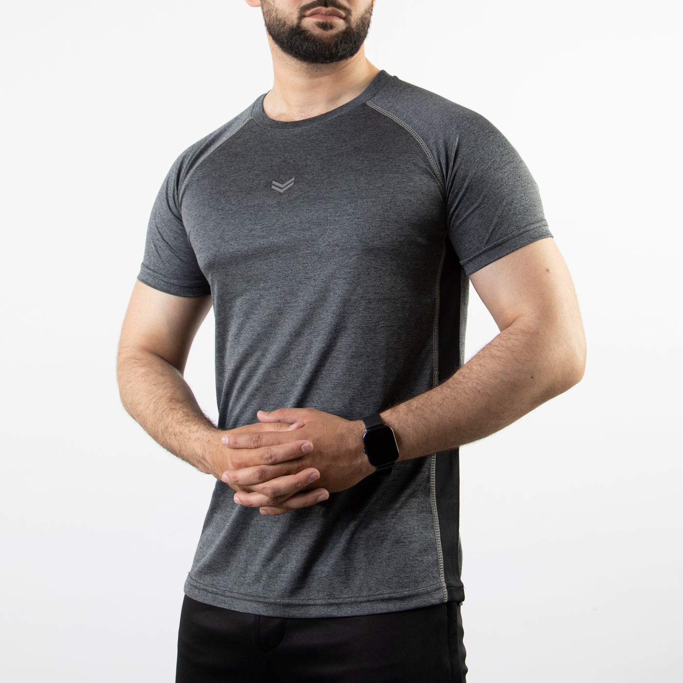 Textured Charcoal Quick Dry Tee with Thread Detailing & Black Panel