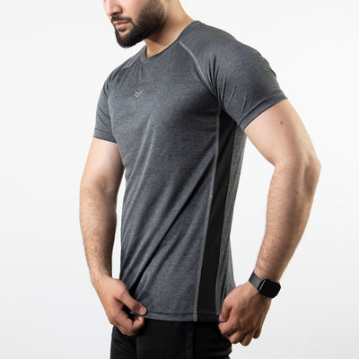 Textured Charcoal Quick Dry Tee with Thread Detailing & Black Panel