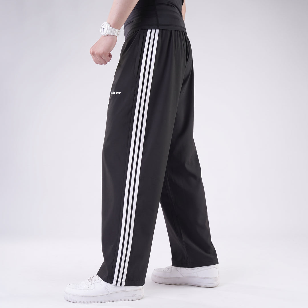Black Micro Baggy Fit Trousers with White Three Straight Stripes