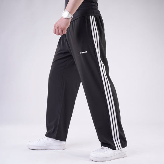 Black Micro Baggy Fit Trousers with White Three Straight Stripes