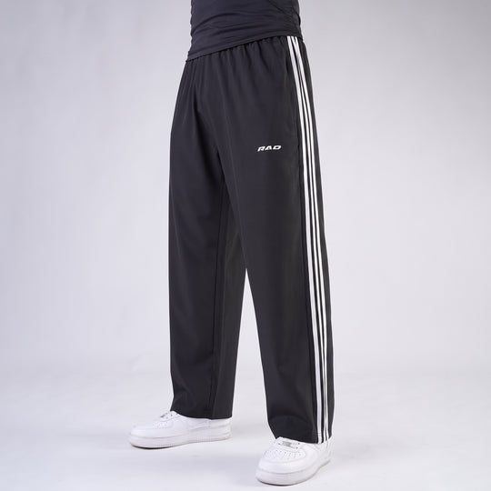 Black Micro Baggy Fit Trousers with White Three Straight Stripes
