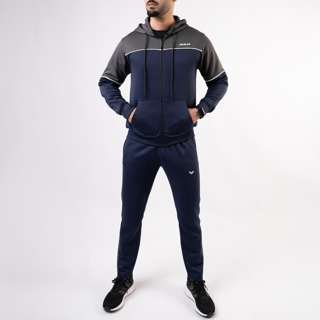 Navy Hooded Tracksuit with Gray Top Panels & White Piping