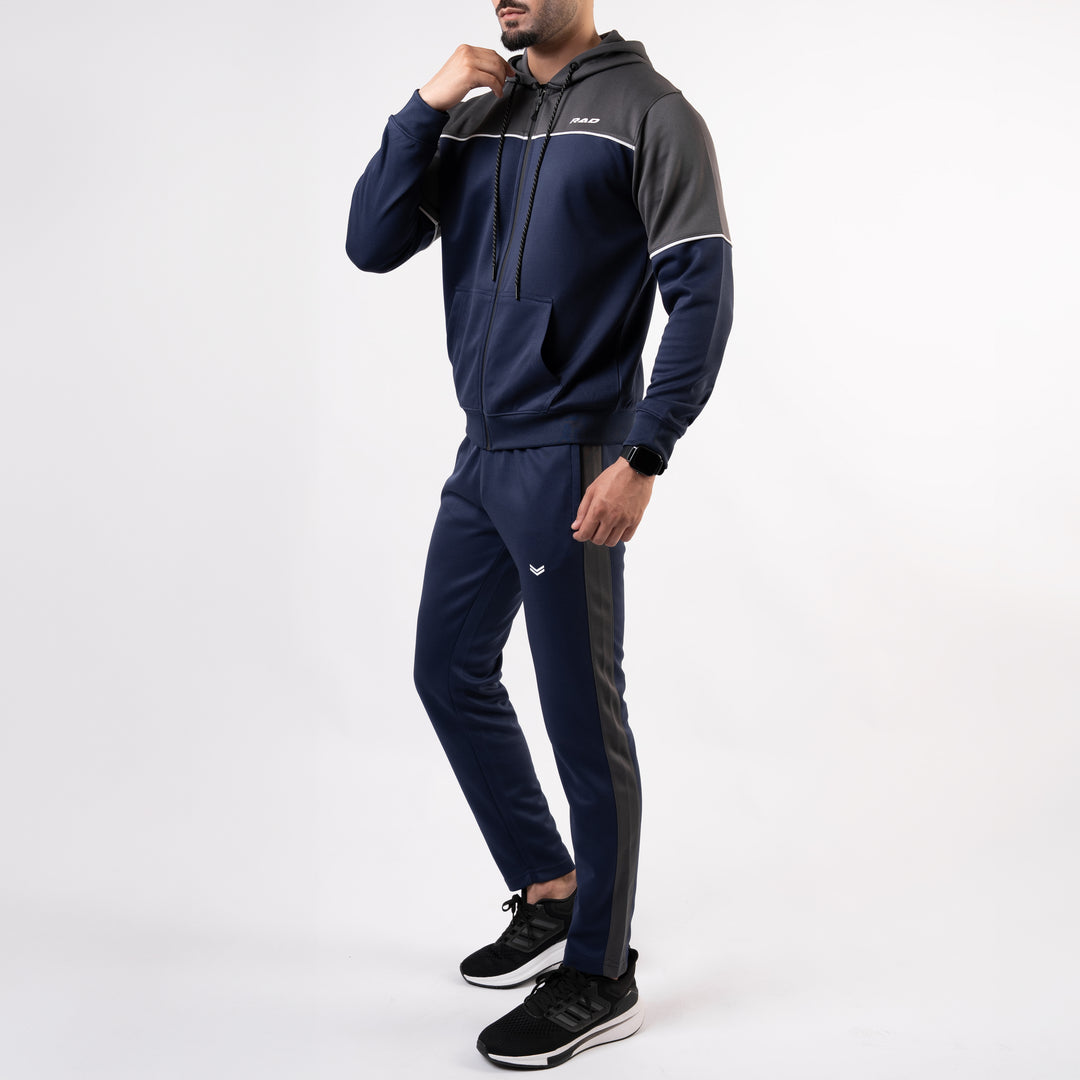 Navy Hooded Tracksuit with Gray Top Panels & White Piping