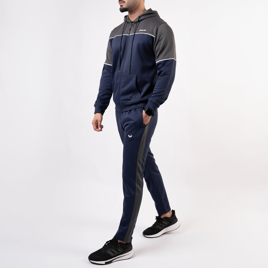 Navy Hooded Tracksuit with Gray Top Panels & White Piping