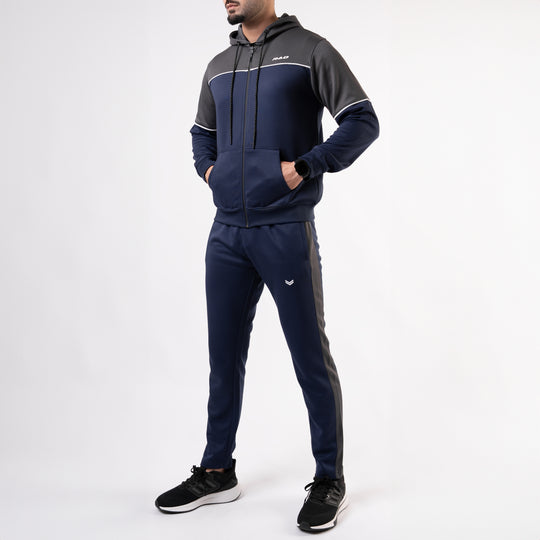Navy Hooded Tracksuit with Gray Top Panels & White Piping