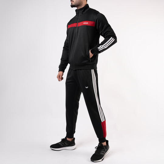 Black Mock-Neck Tracksuit with 3 Stripes & Red Panels