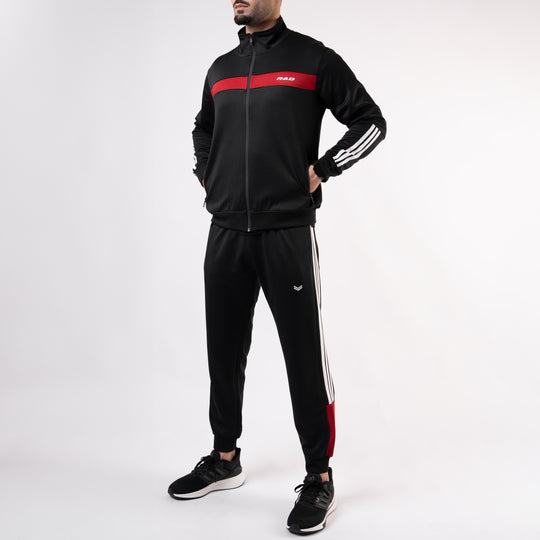 Black Mock-Neck Tracksuit with 3 Stripes & Red Panels