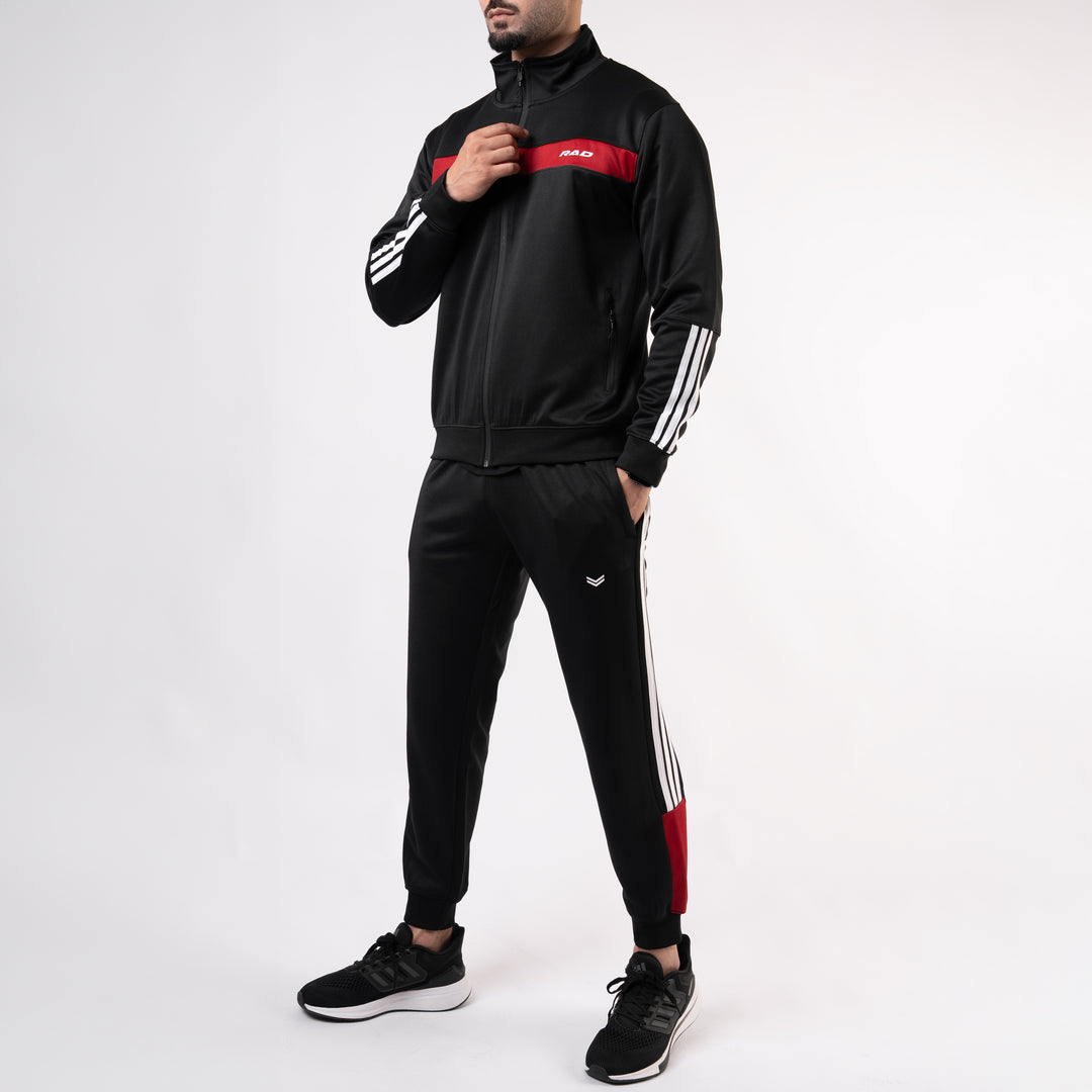 Black Mock-Neck Tracksuit with 3 Stripes & Red Panels