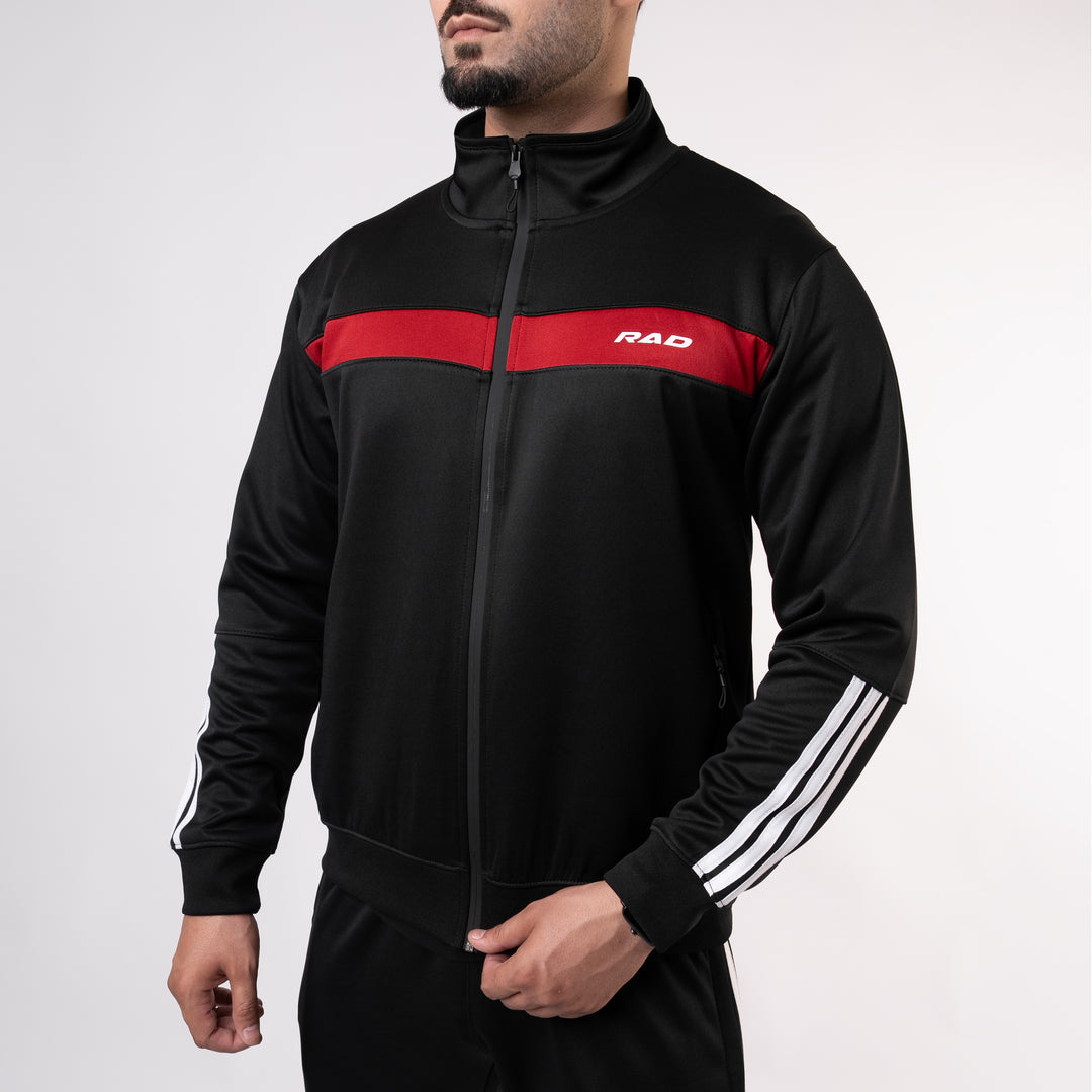 Black Mock-Neck Tracksuit with 3 Stripes & Red Panels