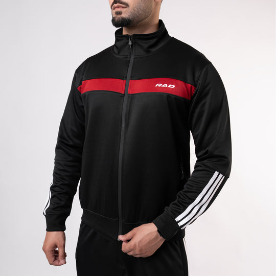 Black Mock-Neck Tracksuit with 3 Stripes & Red Panels