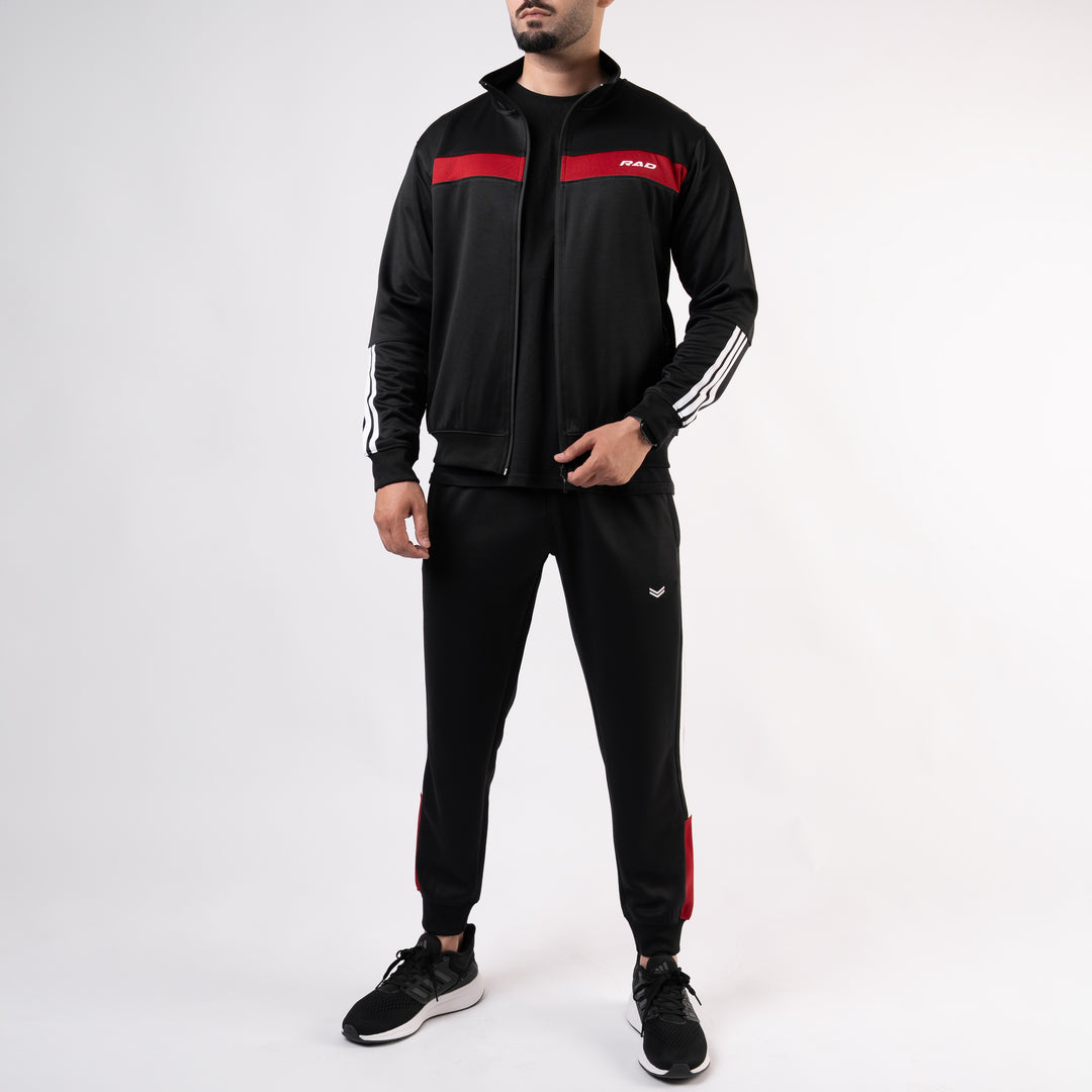 Black Mock-Neck Tracksuit with 3 Stripes & Red Panels