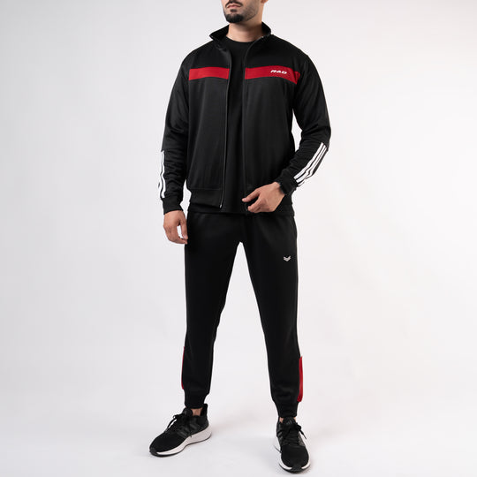 Black Mock-Neck Tracksuit with 3 Stripes & Red Panels