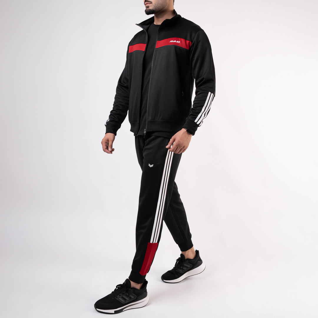 Black Mock-Neck Tracksuit with 3 Stripes & Red Panels