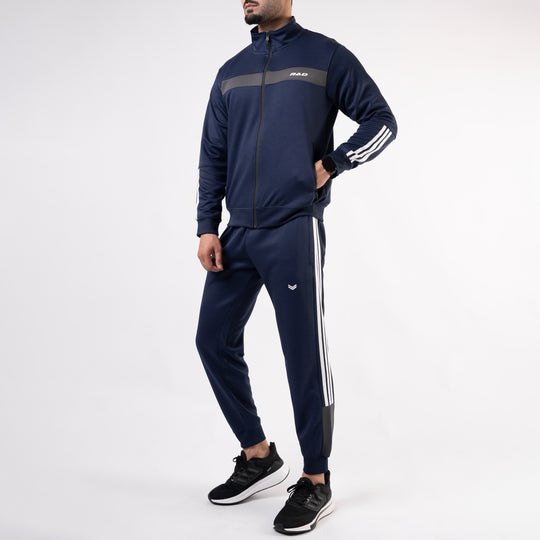 Navy Mock-Neck Tracksuit with 3 Stripes & Gray Panels
