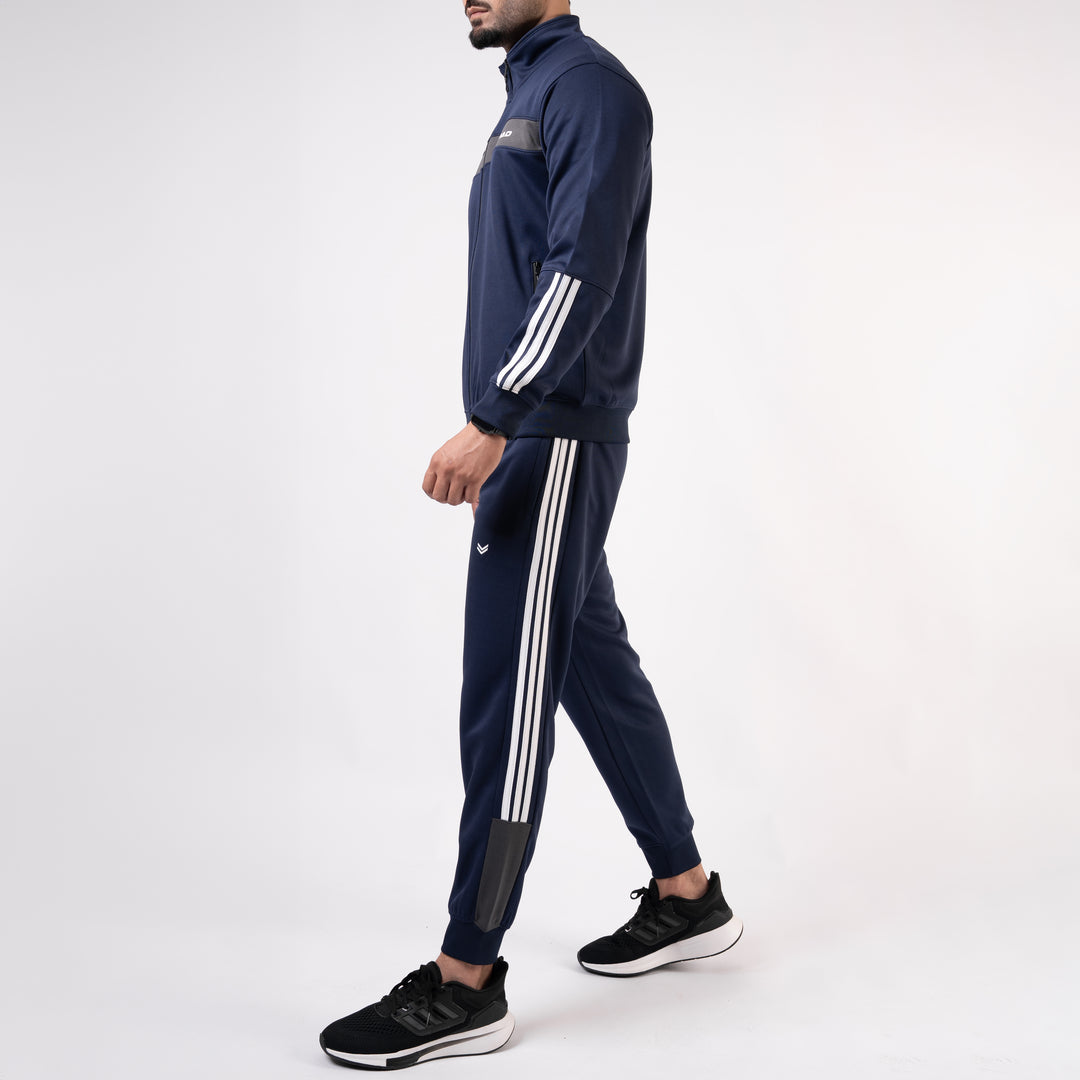 Navy Mock-Neck Tracksuit with 3 Stripes & Gray Panels