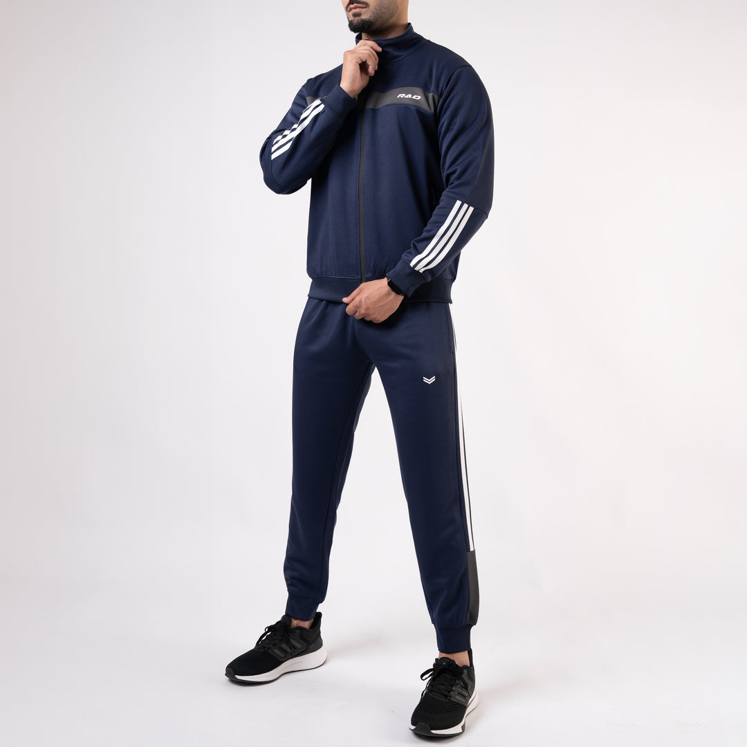 Navy Mock-Neck Tracksuit with 3 Stripes & Gray Panels