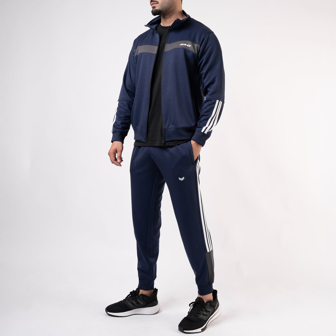 Navy Mock-Neck Tracksuit with 3 Stripes & Gray Panels