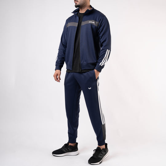 Navy Mock-Neck Tracksuit with 3 Stripes & Gray Panels