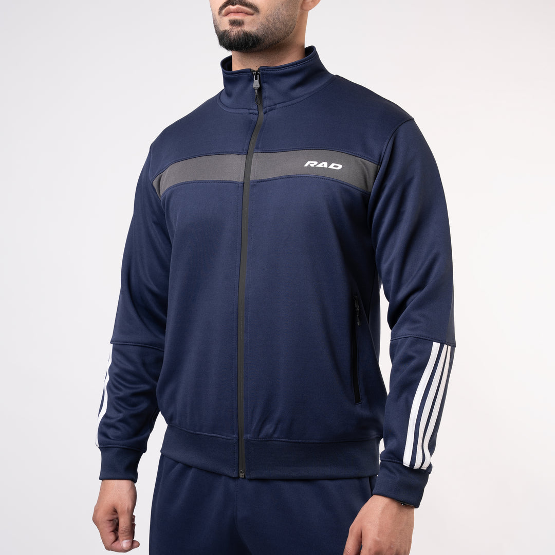 Navy Mock-Neck Tracksuit with 3 Stripes & Gray Panels